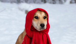赤いマフラーに包まる犬